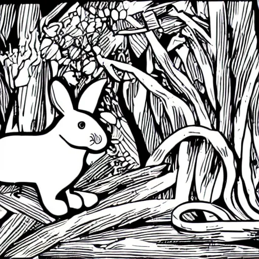 Prompt: black - and - white line art illustration of a rabbit deep in a tangled forest, smoking a cigarette, with smoke rising, whimsical masterpiece