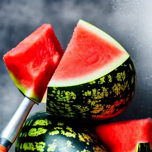 Image similar to watermelon being smashed by a sledgehammer, close up, dslr photo