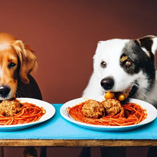 Image similar to photo of two dogs eating spaghetti and meatballs, tomato sauce, 50mm, beautiful photo