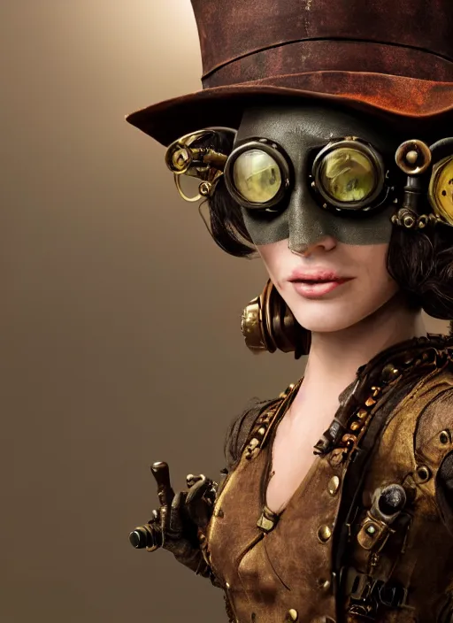 Prompt: closeup portrait of a female steampunk medieval goblin wearing a top hat and goggles, depth of field, zeiss lens, detailed, symmetrical, centered, fashion photoshoot, by Annie Leibovitz and Steve McCurry, David Lazar, Jimmy Nelsson, Breathtaking, 8k resolution, extremely detailed, beautiful, establishing shot, artistic, hyperrealistic, beautiful face, octane render
