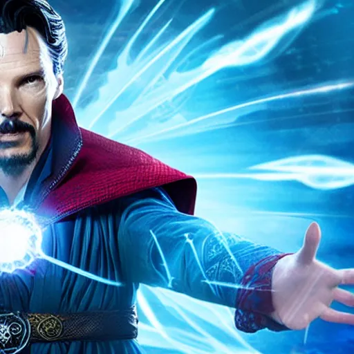 Image similar to doctor strange in neo suit, sharp focus, volumetric lighting, blue tint