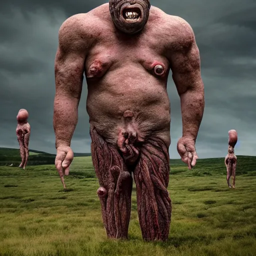 Image similar to a giant with a faceless head full of growths that are people sticking out in all directions as the giant stomps over the countryside grotesque body horror hyperreal cinematic gross uncanny anatomy