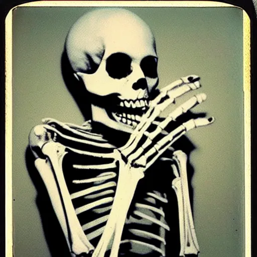 Prompt: A creepy polaroid photo of skeleton like billie eilish chasing you down a hallway with sharpy teeth