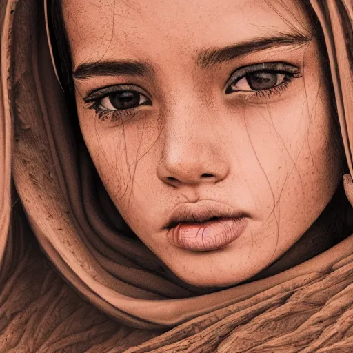 Image similar to a detailed portrait of a girl in the desert, art illustration, incredibly highly detailed and realistic, 8 k, sharp focus