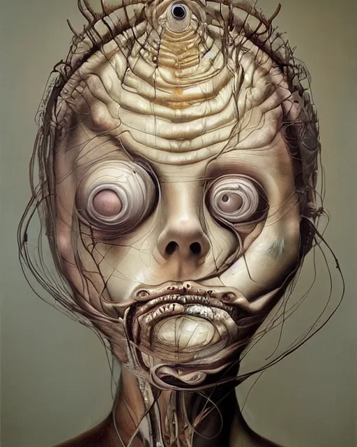 Prompt: strange surrealist, looming, biomorphic painting of a woman with large eyes by dali, marco mazzoni, james jean, charlie immer and jenny saville, fluid acrylic, airbrush art, timeless disturbing masterpiece