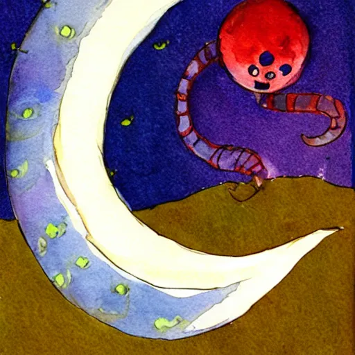 Image similar to smiley worm in the style of moonshadow, jon j. muth, watercolor