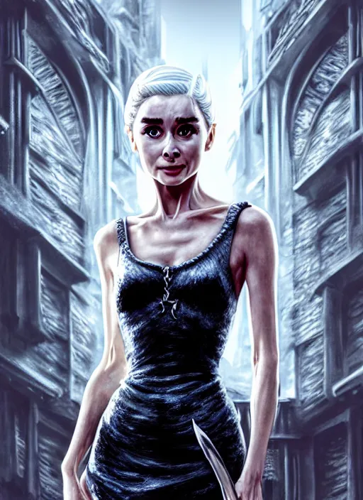 Image similar to photo of audrey hepburn as daenerys targaryen in the style of stefan kostic, realistic, half body shot, sharp focus, 8 k high definition, insanely detailed, intricate, elegant, art by stanley lau and artgerm, cyberpunk city backgeound