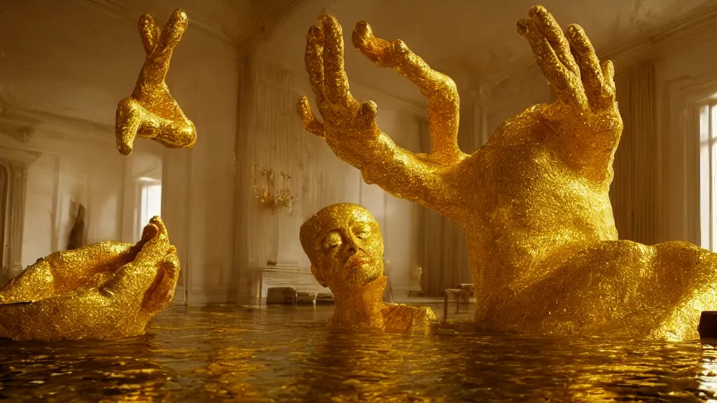 Image similar to a giant hand made of gold and water floats through the living room, film still from the movie directed by Denis Villeneuve with art direction by Salvador Dalí, wide lens