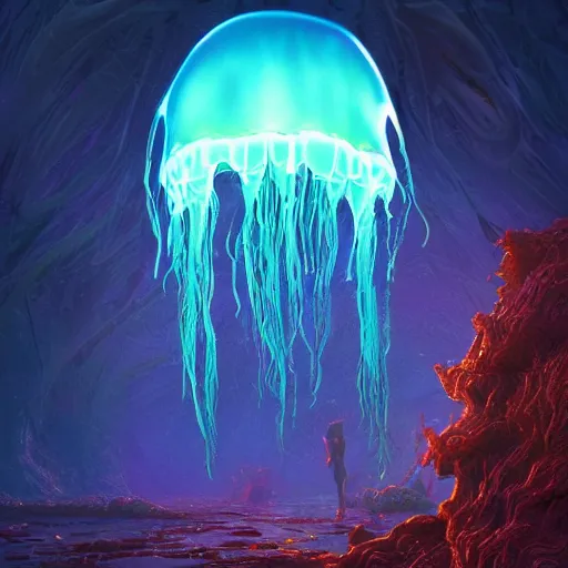 Prompt: photorealistic alien jellyfish world in the style of greg rutkowski and michael whelan. hyperdetailed photorealism, 1 0 8 megapixels, amazing depth, glowing rich colors, powerful imagery, psychedelic overtones, 3 d finalrender, 3 d shading, cinematic lighting, artstation concept art