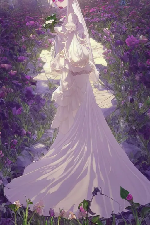 Prompt: a beautiful render of absolutely beautiful princess that wear rose flower wedding gothic lolita dress clothing stay in blooming flower house alone, beautiful symmetricface, dazzling light beam penetrated through the window, perfectly shaded, atmospheric lighting, style of makoto shinkai, raphael lacoste, louis comfort tiffany, artgerm, karol bak, james jean, alphonse maria mucha