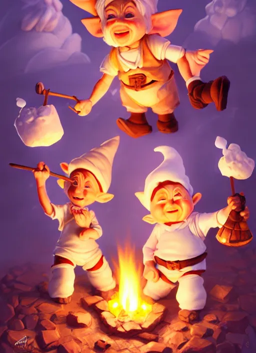 Prompt: cute gnomes roasting marshmallos, natural lighting, path traced, highly detailed, high quality, digital painting, by don bluth and ross tran and studio ghibli and alphonse mucha, artgerm