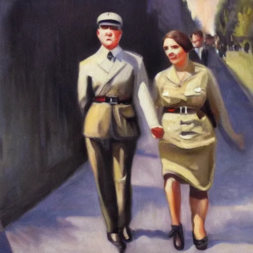 Image similar to an oil panting of a young hitler with her girlfriend, walking in berlin