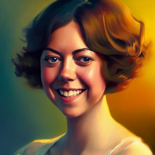 Image similar to portrait painting of aubrey plaza age 2 5, bright and energetic, with a sweet smile and floofy hair, render cinematic lighting art 1 9 2 0 period drama by bussiere rutkowski andreas rocha