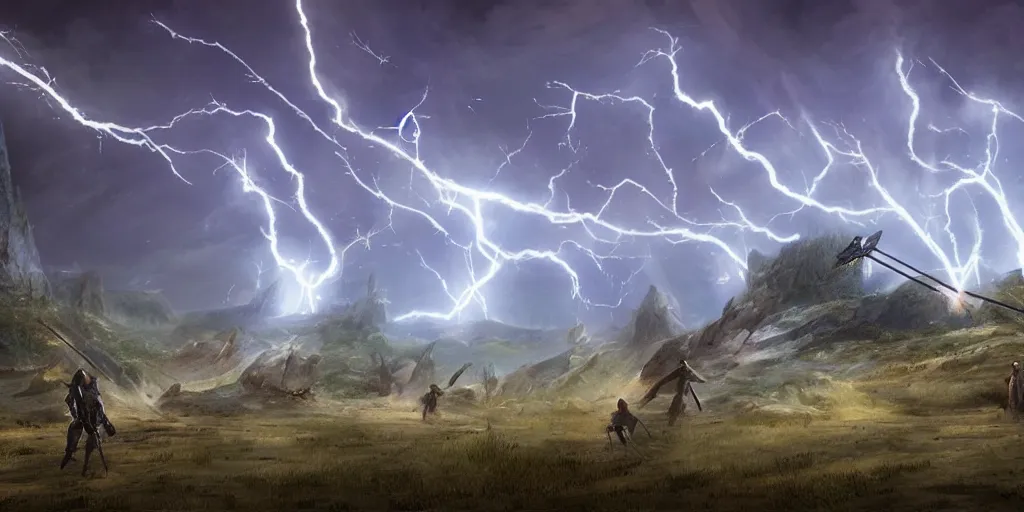 Image similar to lighting strike\'s archers arrow in the sky , fantasy world, realistic, sci-fi, landscape, character design, concept art,