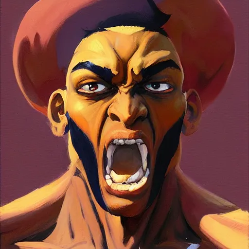 Prompt: greg manchess portrait painting of dhalsim from street fighter spitting fire as overwatch character, medium shot, asymmetrical, profile picture, organic painting, sunny day, matte painting, bold shapes, hard edges, street art, trending on artstation, by huang guangjian and gil elvgren and gerald brom