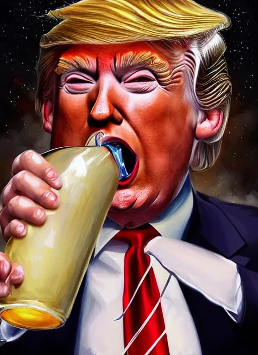Prompt: donald trump drinking! from a pool of white! sawmill gravy!, cosmic horror painting, elegant intricate digital painting artstation concept art by mark brooks and brad kunkle detailed