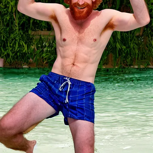 Prompt: actor Seth Green posing for picture in swimming trunks, photograph