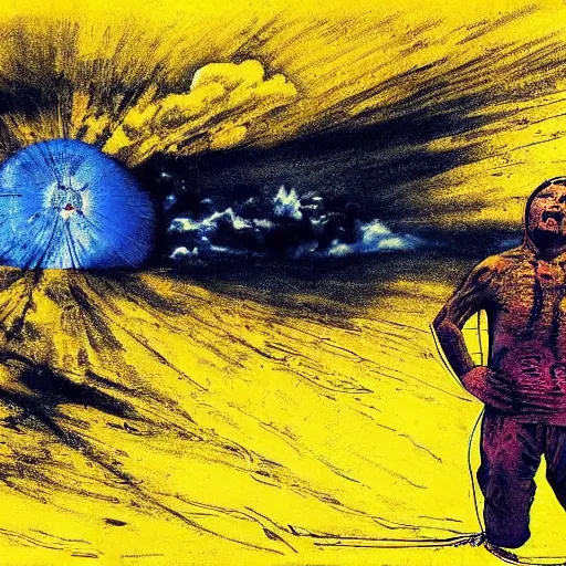 Prompt: radiation eats a real ukrainian and ugly dwarfs alive wild pain and desperate selfies, all dressed and painted in dirty yellow - blue colors against the backdrop of a huge nuclear explosion from which the skin has already burned to the bone