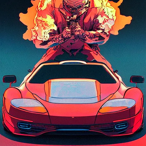 Image similar to prompt : sport car soft light painted by james jean and katsuhiro otomo and erik jones, inspired by akira anime, smooth face feature, intricate oil painting, high detail illustration, sharp high detail, manga and anime 1 9 9 9