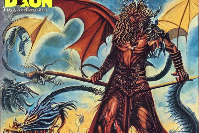 Prompt: 1979 Dragon magazine cover depicting a draconic humanoid mage in fantasy style by Larry Elmore.