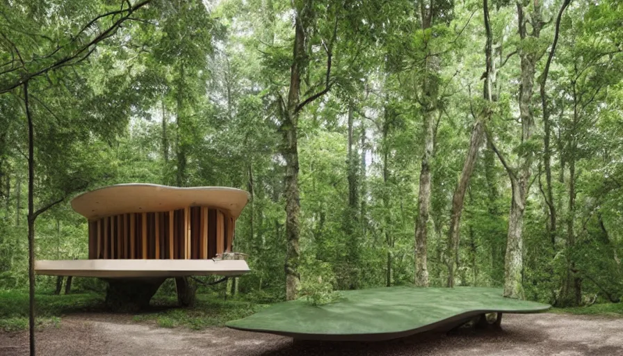 Prompt: A unique innovative sea ranch style creative cabin in a lush green forest with soft rounded corners and angles, 3D printed line texture, made of cement, connected by sidewalks, public space, and a park, Design and style by Zaha Hadid, Wes Anderson and Gucci