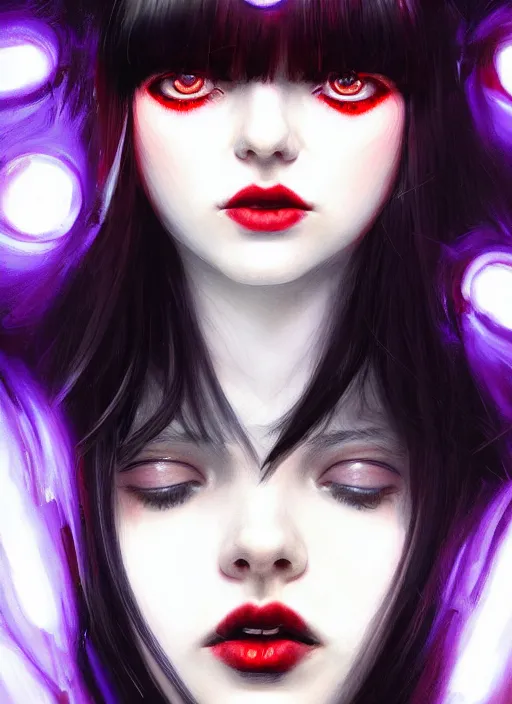 Image similar to portrait of teenage girl, red irises, red eyes, black hair, white bangs, purple lipstick, white bangs, bangs, black hair and white bangs, intricate, elegant, glowing lights, highly detailed, digital painting, artstation, concept art, smooth, sharp focus, illustration, art by wlop, mars ravelo and greg rutkowski