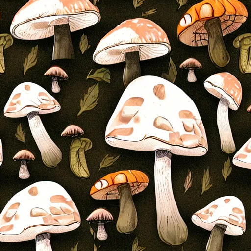 Image similar to macro photo with a mushroom characters and mycelium, very close to real nature, natural colors and natural surroundings, painted patterns and coloring on mushrooms, seamless fabric pattern 8K, highly detailed, cartoon