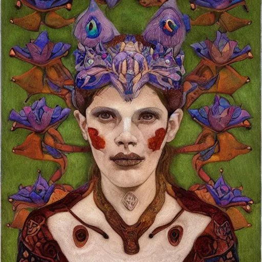 Prompt: the bone crown, by Annie Swynnerton and Nicholas Roerich and (((Diego Rivera))), embroidered robes, floral tattoos, bioluminescent skin!, elaborate costume, geometric ornament, symbolist, soft colors, dramatic lighting, smooth, sharp focus, extremely detailed