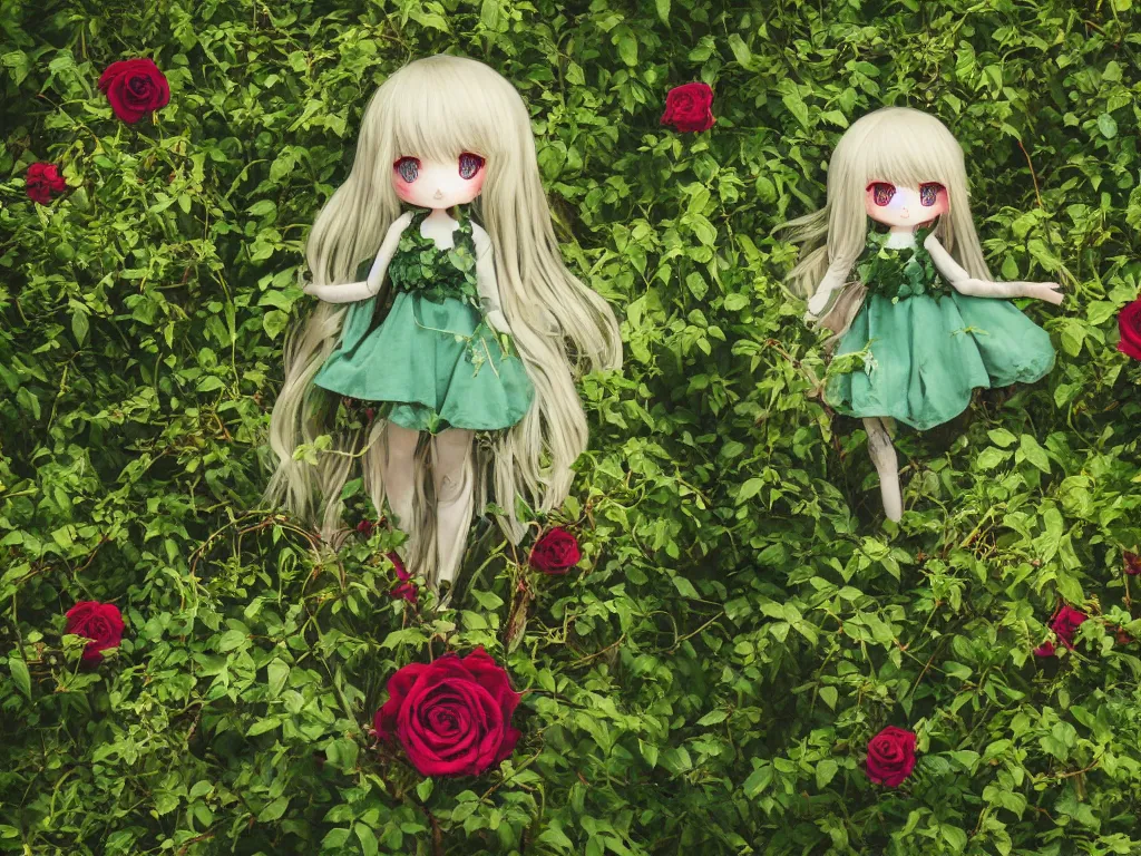 Image similar to cute fumo plush girl wrapped in vines in the middle of a lush rose garden, glowing gothic wraith plantgirl, tattered green dress, blue sky sunshine, bokeh, vray