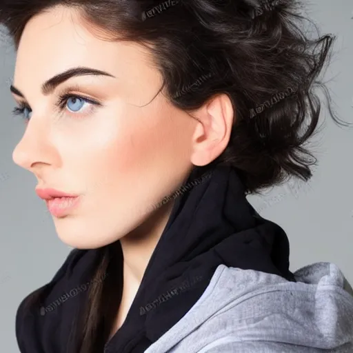 Prompt: raven haired seductive supermodel with stunning light eyes with a beautiful face, fair soft skin, wearing a hoodie