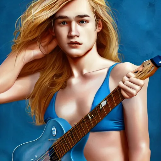Image similar to a very beautiful young tommy lee jones playing guitar, full body, long wavy blond hair, sky blue eyes, full round face,, bikini, miniskirt, front view, mid - shot, highly detailed, cinematic wallpaper by stanley artgerm lau