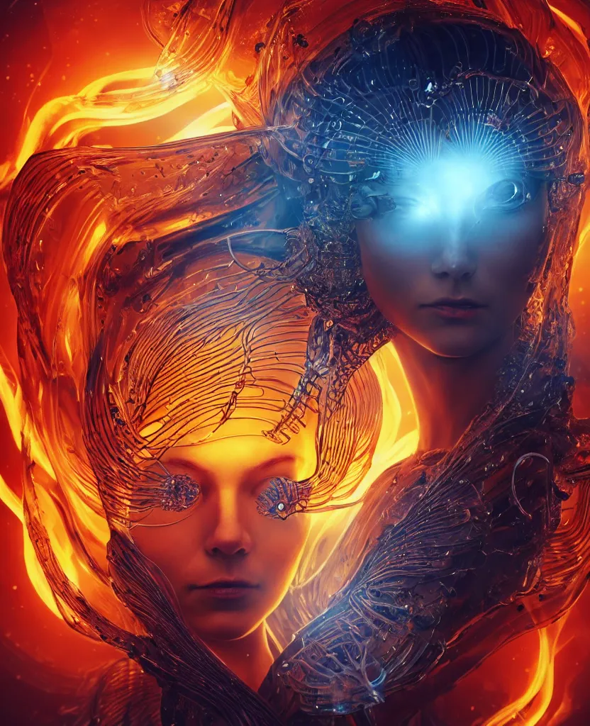 Prompt: close-up portrait of the face of a beautiful princess in a twisted glass mask in a spaceman suit, epic angle and pose, symmetrical artwork, 3d with depth of field, blurred background, cybernetic jellyfish female face skull phoenix bird, translucent, nautilus, energy flows of water and fire. a highly detailed epic cinematic concept art CG render. made in Maya, Blender and Photoshop, octane render, excellent composition, cinematic dystopian brutalist atmosphere, dynamic dramatic cinematic lighting, aesthetic, very inspirational, arthouse. y Greg Rutkowski, Ilya Kuvshinov, WLOP, Stanley Artgerm Lau, Ruan Jia and Fenghua Zhong