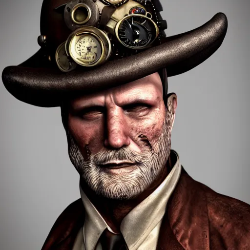 Image similar to a steampunk man, aged 4 0, wearing a steampunk hat made of junk, photo realistic, octane render, trending on artstation