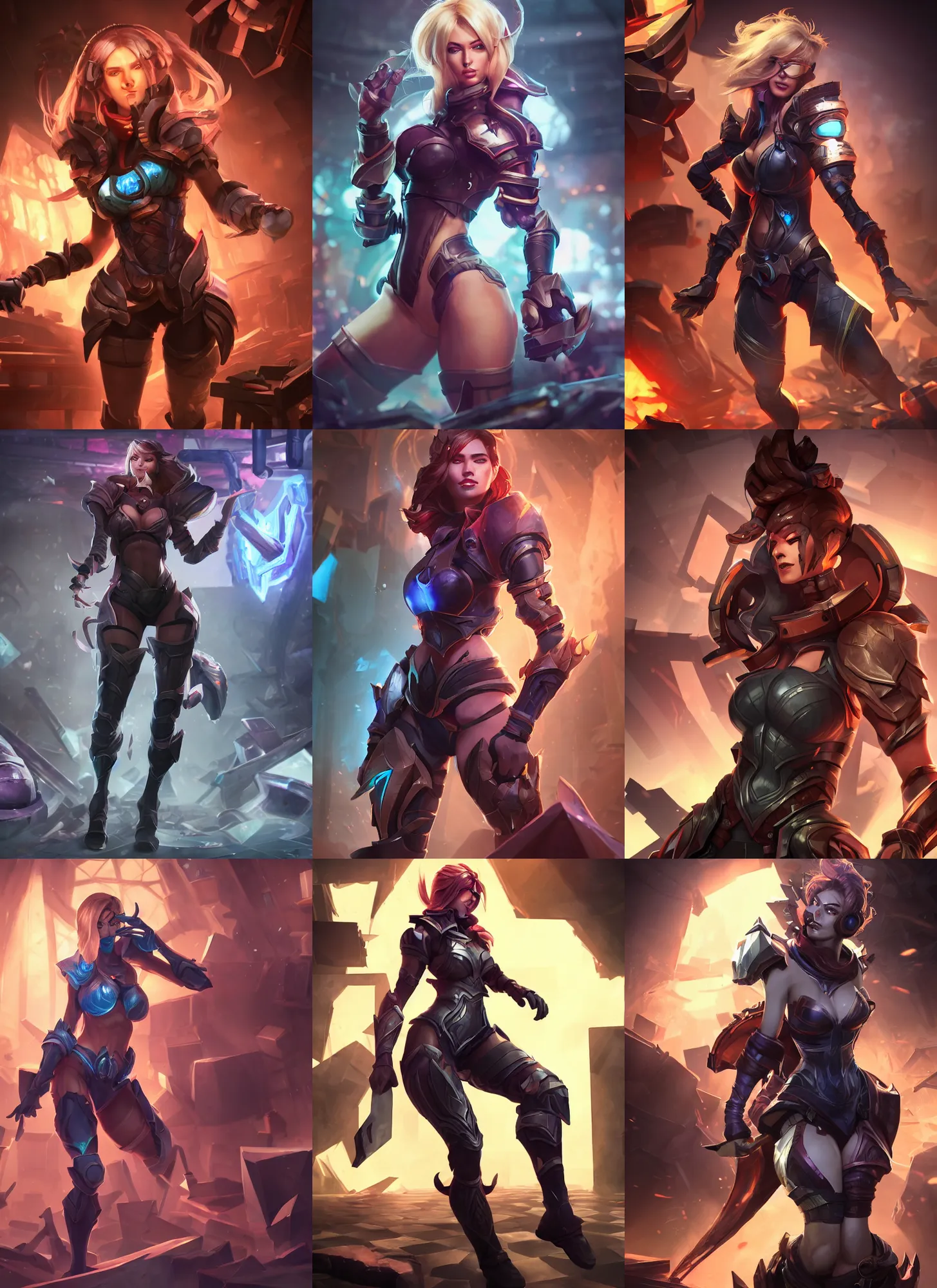 Prompt: hyper detailed ultra sharp full body character portrait of a woman with a realistically proportioned face in hextech armor doing an action pose standing in a destroyed bar, cinematic lighting, good value control, league of legends splash art, photorealistic eyes, smooth, realistic shading, enhance face, painted texture maps,