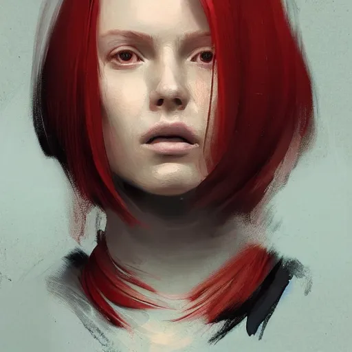 Image similar to Portrait of a woman by Greg Rutkowski, she is about 20 years old, redhead, long straight hair, beautiful oval face, wearing red and black utilitarian jumpsuit, older sister vibes, highly detailed portrait, digital painting, artstation, concept art, smooth, sharp foccus ilustration, Artstation HQ.