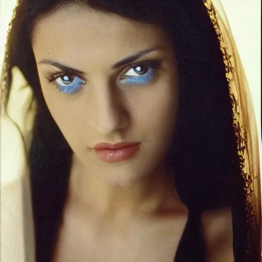 Prompt: young Monica Belluci as an Arab woman, tanned skintone, bright blue eyes, white transparent veil, glare face, light blue dress portrait