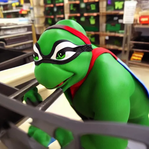 Prompt: Meeting a determined NINJA TURTLE looking at the camera in the backroom of Sears