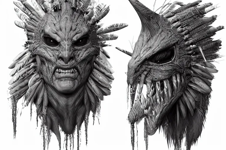 Prompt: character sheet of terrifying indigenous skinwalker creature, illustration, fine detailed lines, hyper detailed, artstation, octane render, v ray