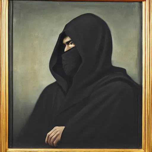 Image similar to a portrait of a man wearing black hood and robes, shadows covering face, ominous, dark, oil painting