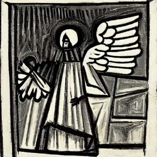 Prompt: angel protecting man who is praying inside a gothic church, drawn by Picasso