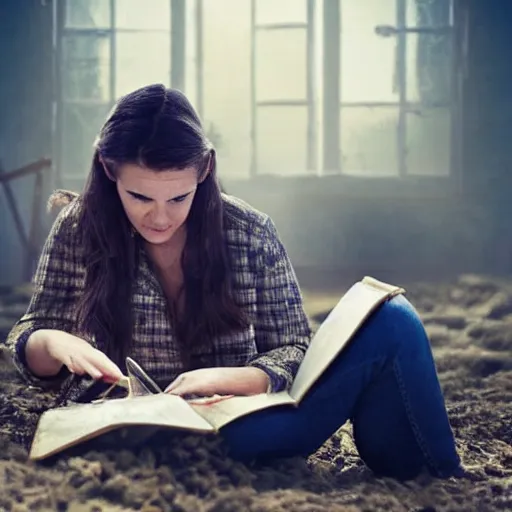 Prompt: a young woman finds a dusty diary on the floor of an abandoned farmhouse, post apocalyptic
