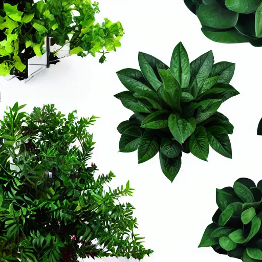 Prompt: six low polygon plants on a white background