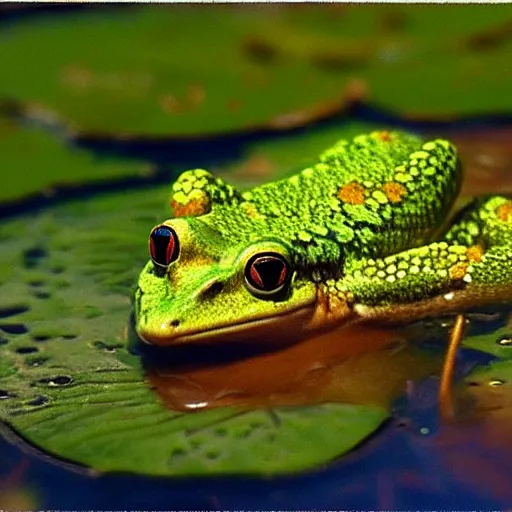 Image similar to fantasy art, close - up of a crowned prince frog in a small crown!!! crown crown crown in the pond with water lilies, shallow depth of field, highly detailed, autumn, rain, masterpiece, matte painting, sharp focus, matte painting, by isaac levitan, by monet, asher brown durand,