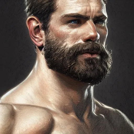 Prompt: portrait of a rugged ranger, muscular, upper body, hairy torso, d & d, fantasy, intricate, elegant, highly detailed, digital painting, artstation, concept art, smooth, sharp focus, illustration, art by artgerm and greg rutkowski and alphonse mucha