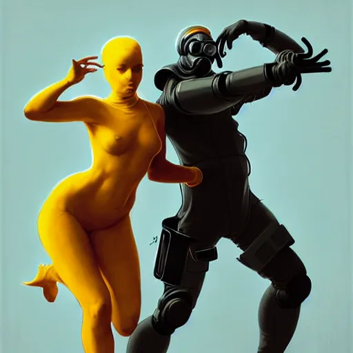 Image similar to character concept portrait of a man in a hazmat suit and a voluminous woman both dancing, intricate, elegant, digital painting, concept art, smooth, sharp focus, illustration, from metal gear, by ruan jia and mandy jurgens and william - adolphe bouguereau, artgerm