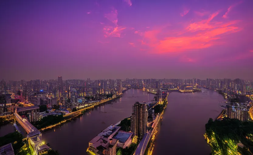 Image similar to a photo of wuhan, river, sunset, purple sky, cinematic, 8 k, highly - detailed