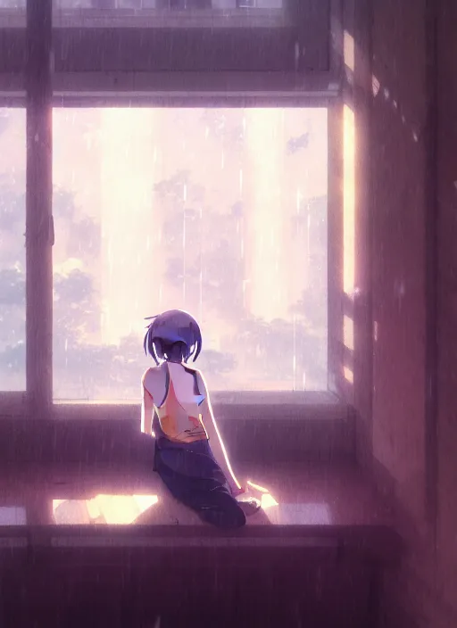 Image similar to interior, near the window, rainy outside, illustration concept art anime key visual trending pixiv fanbox by wlop and greg rutkowski and makoto shinkai and studio ghibli