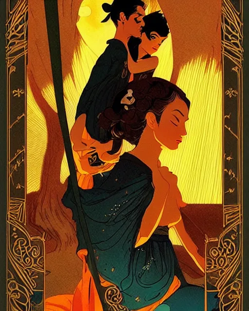 Image similar to the lovers tarot card, beautiful, cinematic, dramatic, super detailed and intricate, by koson ohara, by darwyn cooke, by greg rutkowski, by satoshi kon