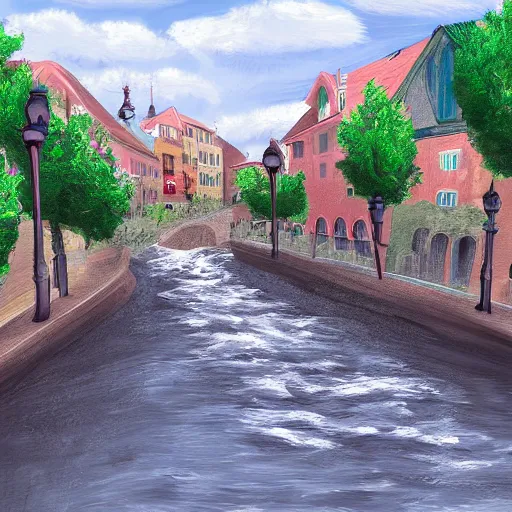 Image similar to digital art painting of a river running through a european town, very mediocre, not detailed at all.