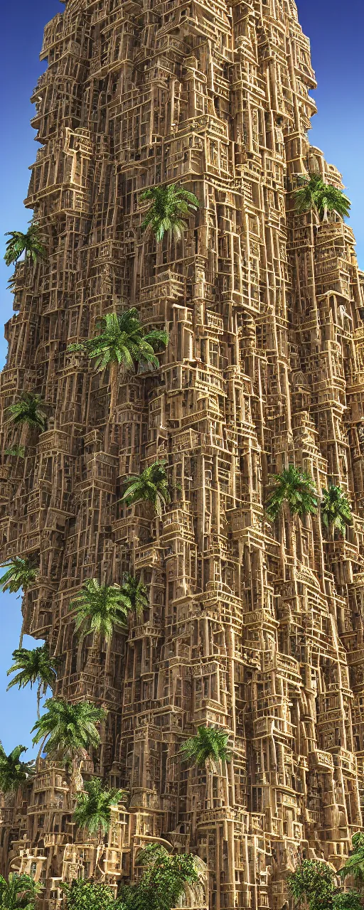 Image similar to photorealistic photo a contemporary babylon tower, golden intricate details, stone facade, sacred ancient architecture, cascading highrise, arid mountains with lush palm forest, sunlight, post - production, octane, cgi, sfx